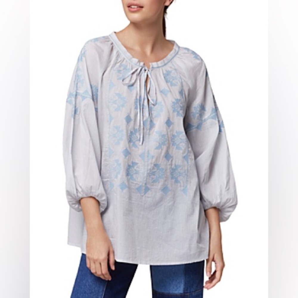 Gerard Darel Esther Printed Embroidered Light Blue Cotton‎ Blouse sz 1